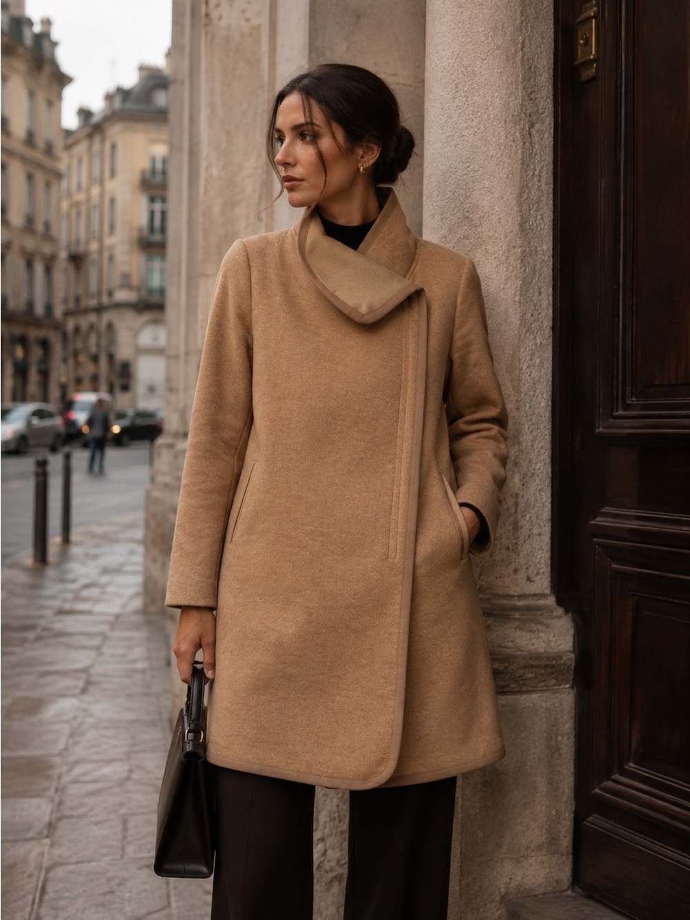 Babaton Atelier Camel Wool Wrap Coat XS Asymmetrical Quiet Luxury Minimalist
